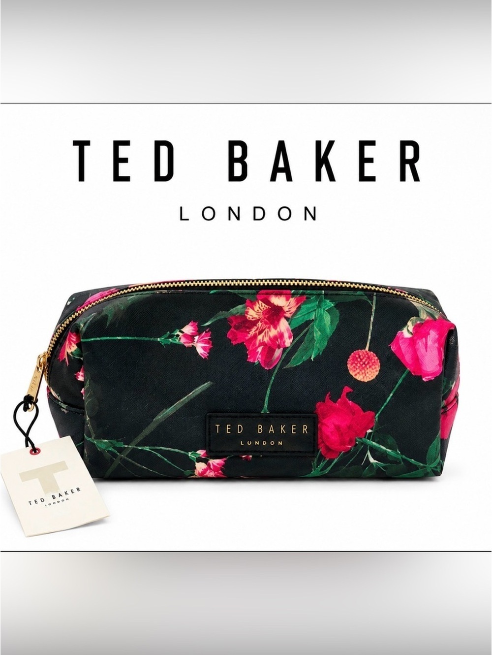 Ted Baker London Black Floral Makeup Pouch with Vibrant Pink Blooms